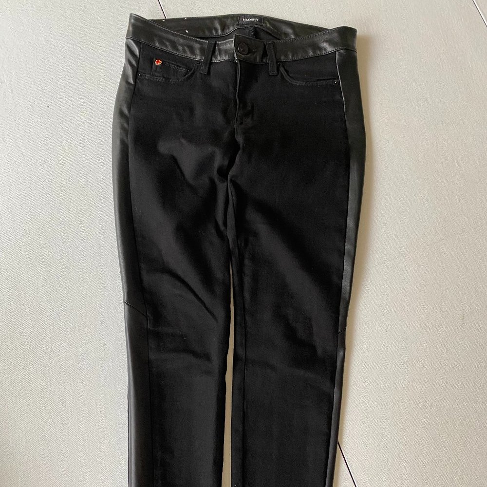 Hudson Jeans Black Denim "Leeloo" Jeans with Leather Stripe Size 27 - Picture 2 of 10